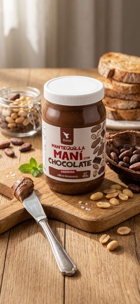 Frasco de mantequilla de maní con chocolate Batsú sobre una tabla