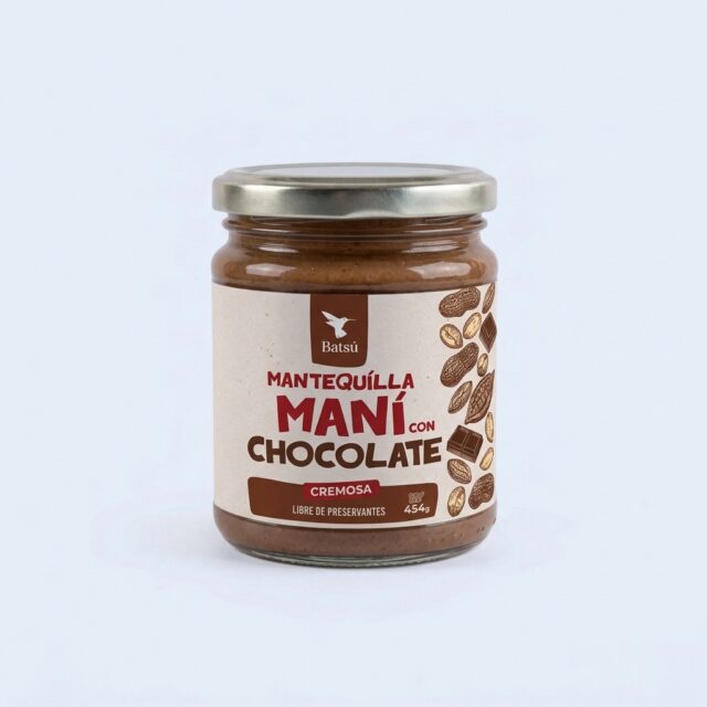 Frasco de mantequilla de maní con chocolate Batsú de 454 g.